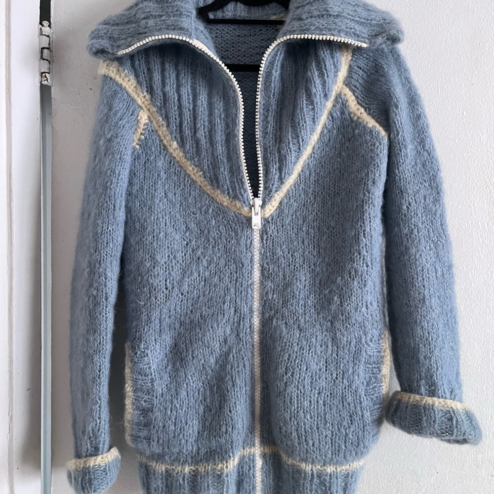 Mohair hand made vintageCozy Blue Knit Zip-Up Sweater